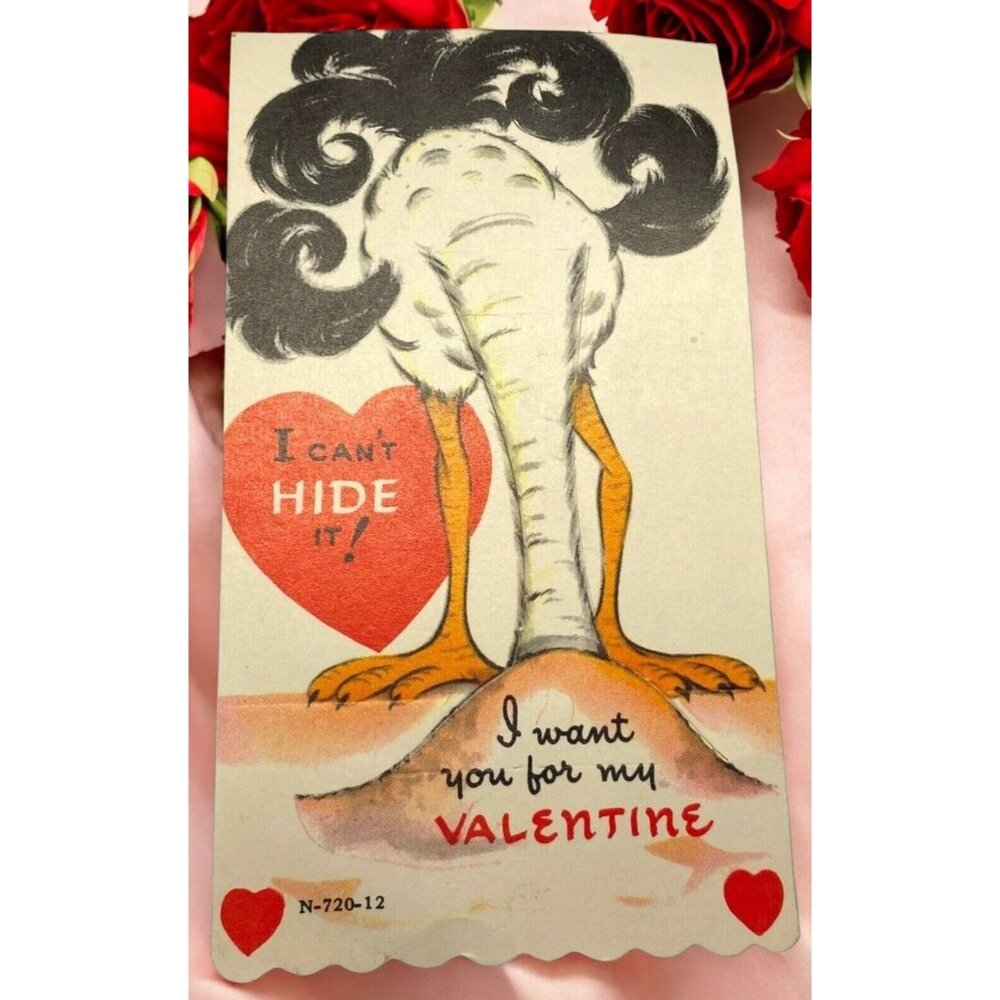Valentines Day Greeting Card Ostrich Head in the Sand Hearts Vintage 1940s